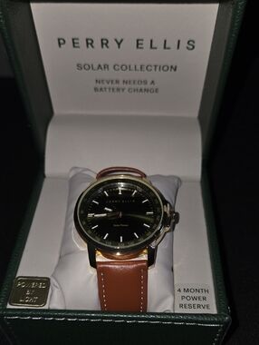 Perry Ellis Men's Solar Watch - Black Dial, Brown Strap